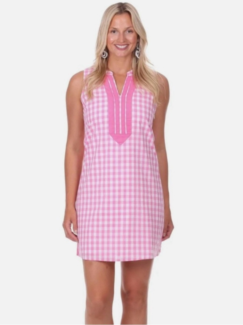 Pink and White Gingham Sleeveless Tunic Dress with Deep V Trim Size S